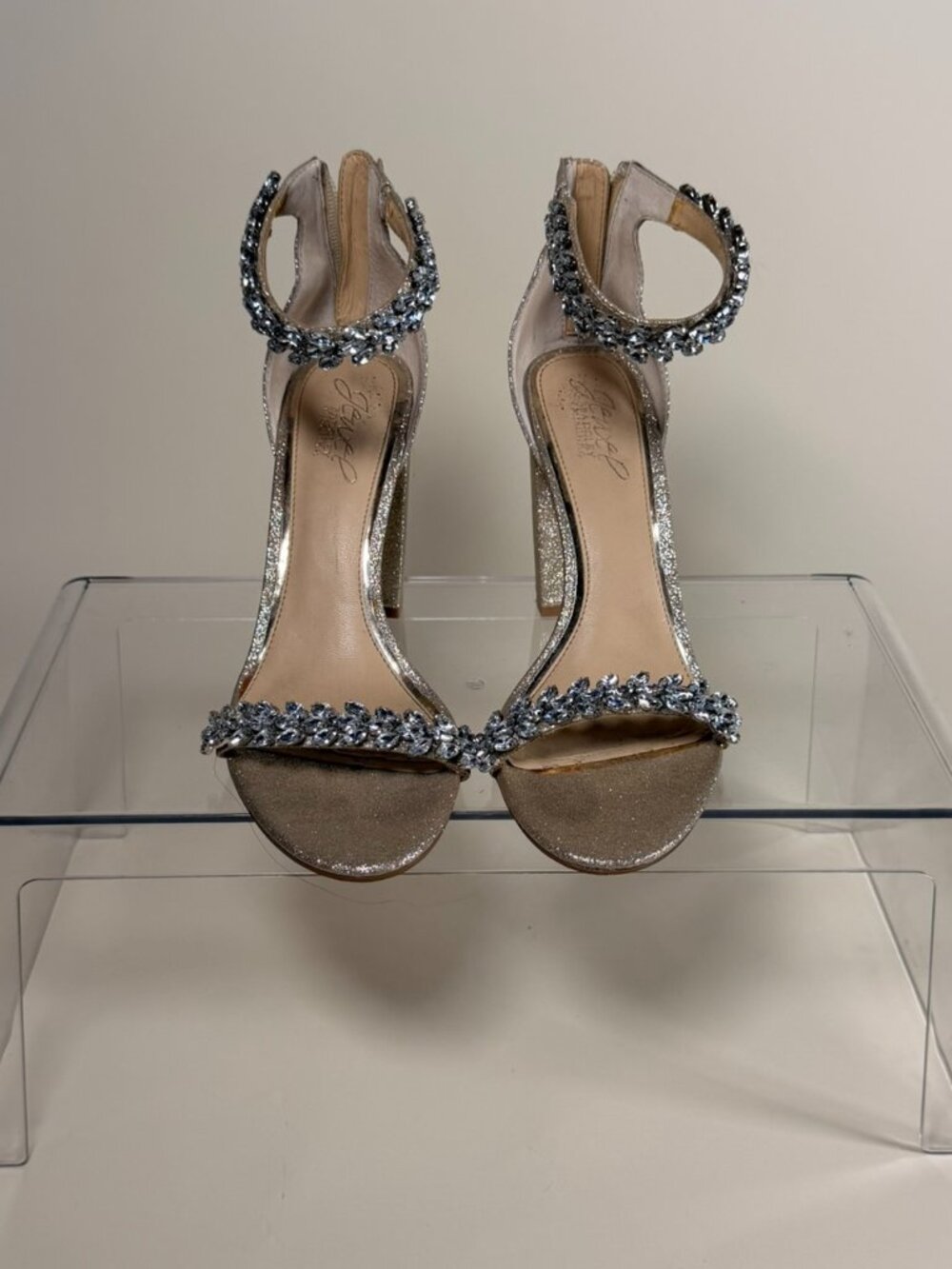 Jewel Badgley Mischka Champagne Rhinestone Block Heel Sandals Sz 7.5